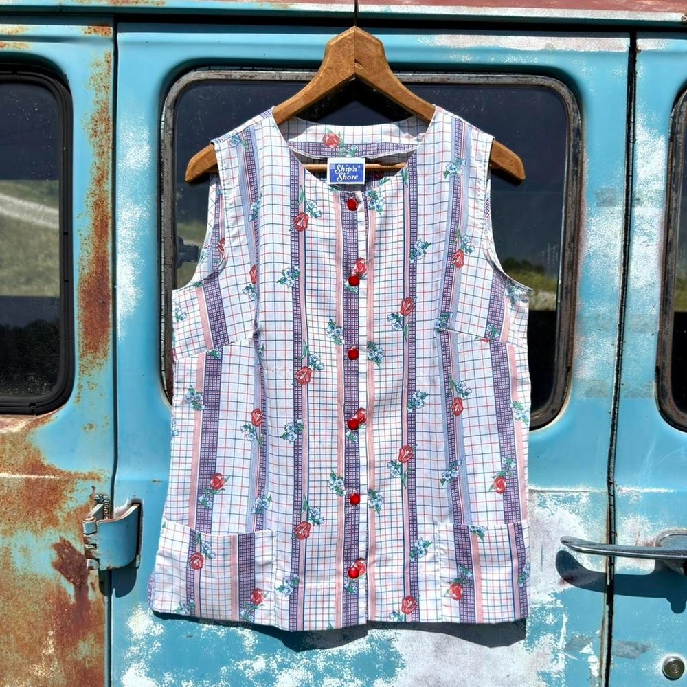 60s ship’n shore red & blue window pane plaid cotton button-up hostess smock